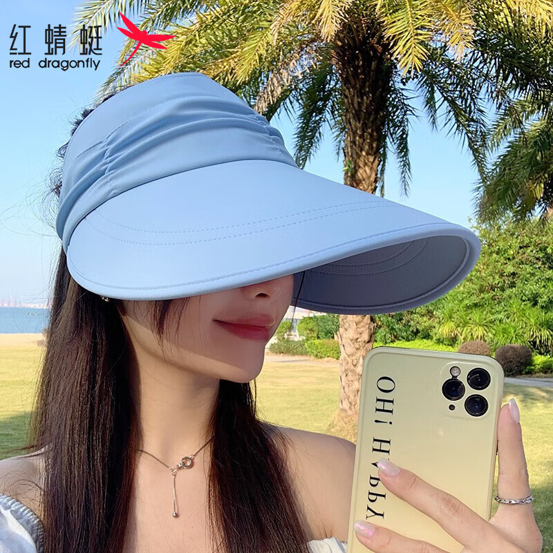 红蜻蜓 RED DRAGONFLY 帽子女夏季大帽檐空顶遮阳帽骑车遮脸防紫外线太阳帽uv草帽防晒帽 蓝色 帽围可调（56-60CM）