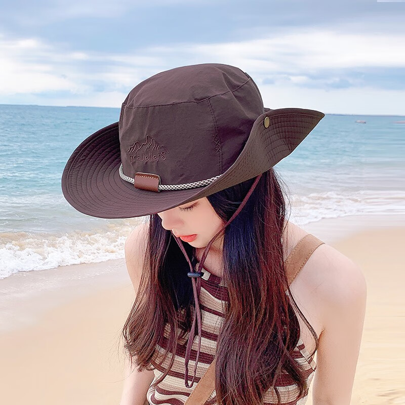 红蜻蜓（RED DRAGONFLY）遮阳帽子女牛仔沙滩防晒帽太阳帽配夏季骑车出游防风绳可戴渔夫帽 棕色