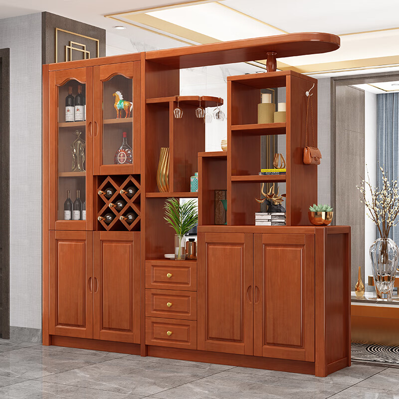 贵妃实木间厅柜客厅玄关柜门厅柜装饰隔断酒柜中式双面屏风现代储物柜 实木间厅柜4门2.1米 海棠色