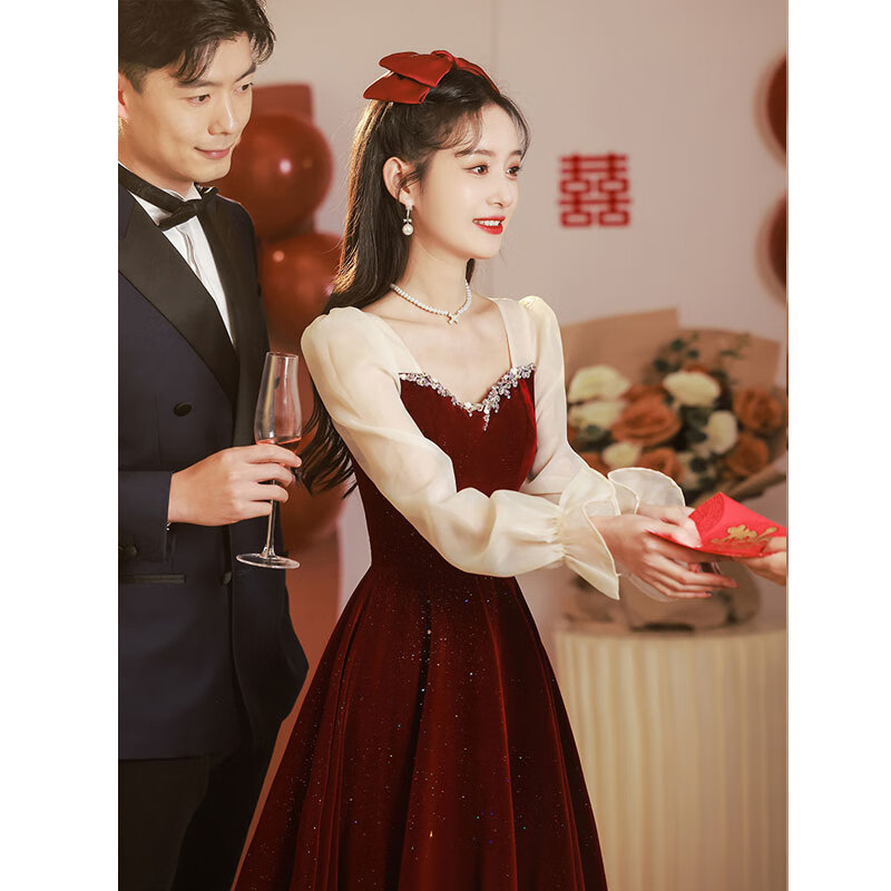 塞德勒（SAIDELE）敬酒服新娘小个子酒红色平时可穿纱袖订婚连衣裙出阁宴回门礼服女 酒红色厚款 XL (建议116-125斤)