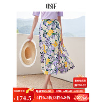 欧莎（OSA）夏威夷度假风裙子高腰薄款a字印花半身裙女夏季2023年新款 紫色花 M