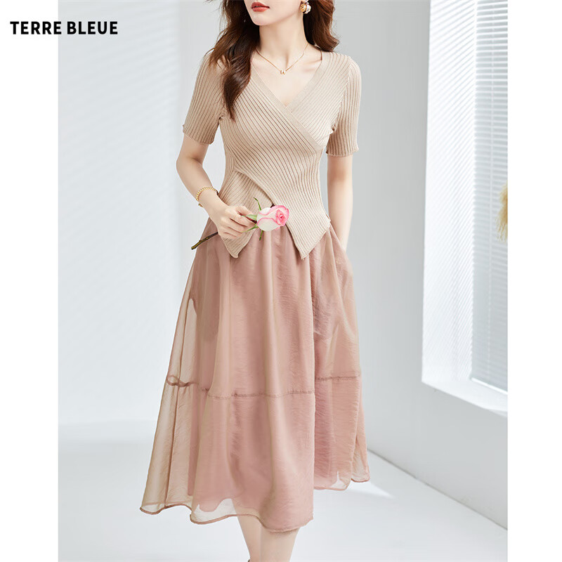 TERRE BLEUE时尚套装女夏季气质V领衬衫搭高腰半身裙小个子两件套 粉色 M