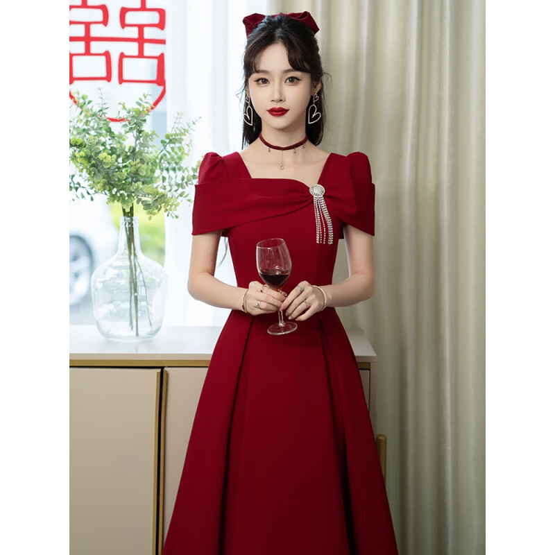 塞德勒（SAIDELE）酒红色小个子结婚敬酒服新娘订婚裙法式高端晚礼服平时可穿女夏季 酒红色长款 XXXL (建议136-145斤)