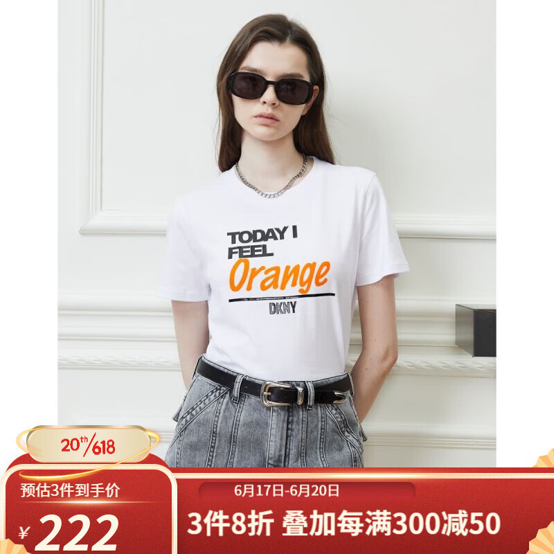 唐可娜儿（DKNY）2023春夏新品女标语植绒撞色印花精致短袖T恤正肩 白色 XL(170/92A)