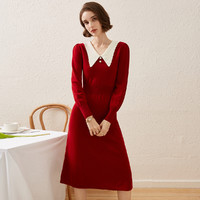 100%绵羊毛优雅法式通勤风真是修身A字裙22秋冬长款连衣裙 S 红色