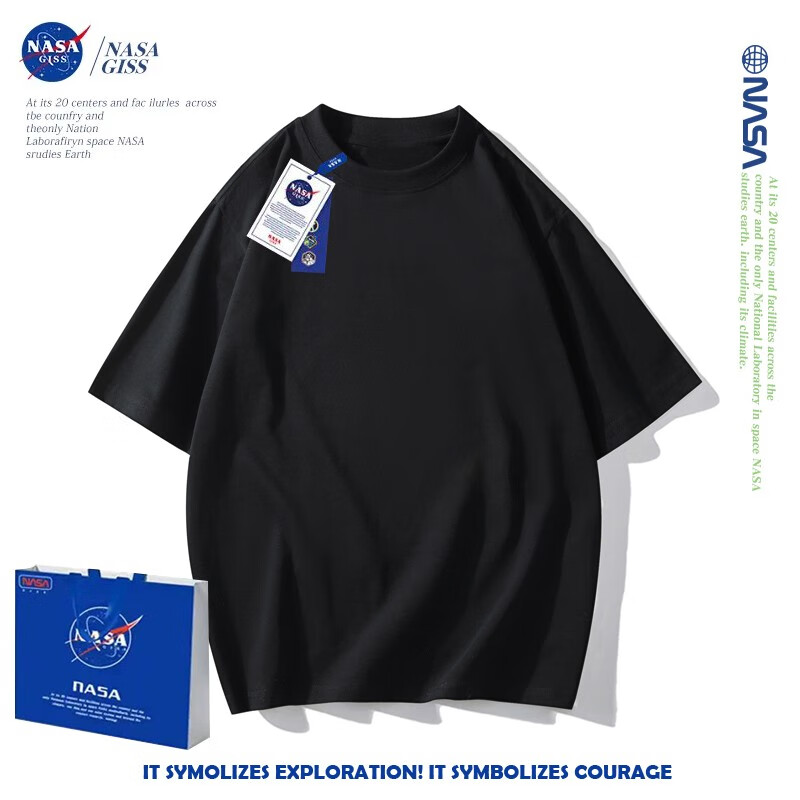 NASA GISS 重磅260g纯棉短袖t恤男纯色圆领厚实不透纯白打底衫男女体恤上衣 黑色 XL体重150-170斤
