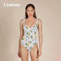 Limone爆款复古印花钢托连体泳衣女法式显瘦聚拢大胸温泉海边度假