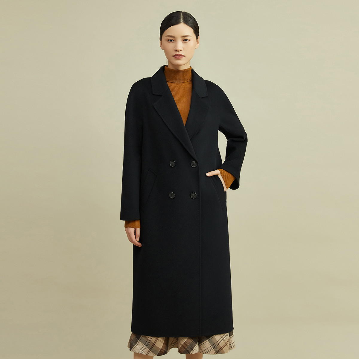 真的好 秋冬新款翻领双面毛呢大衣羊毛桑蚕丝长款外套女 M 黑