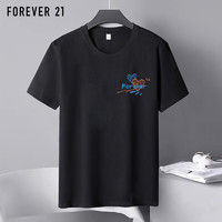 PLUS会员：FOREVER 21 简约休闲短袖T恤男女情侣纯棉t恤男士半袖印花上衣 黑色L码