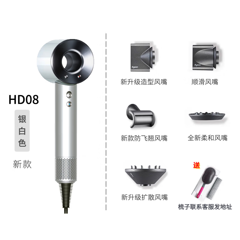 戴森（Dyson）Supersonic HD08 15新款高速大风力电吹风机负离子护发温控防飞翘 欧版HD08银白色 +梳子（无需转