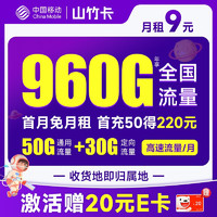 中國移動 免費卡 半年9元月租（本地歸屬地+188G全國流量+暢享5G）贈送50元現金紅包