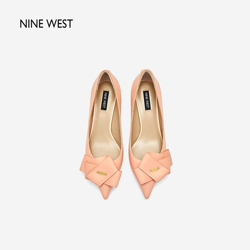 NINE WEST/玖熙折叠蝴蝶结单鞋2023秋季都市通勤中跟高跟鞋女鞋 杏仁粉 35