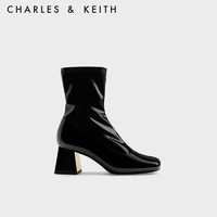CHARLES&KEITH方头粗跟拉链弹力瘦瘦靴女CK1-90580175 Black Patent黑色 35