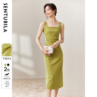 尚都比拉法式方领连衣裙秋装气质优雅裙子性感轻熟风显瘦背心裙 黄绿色 L