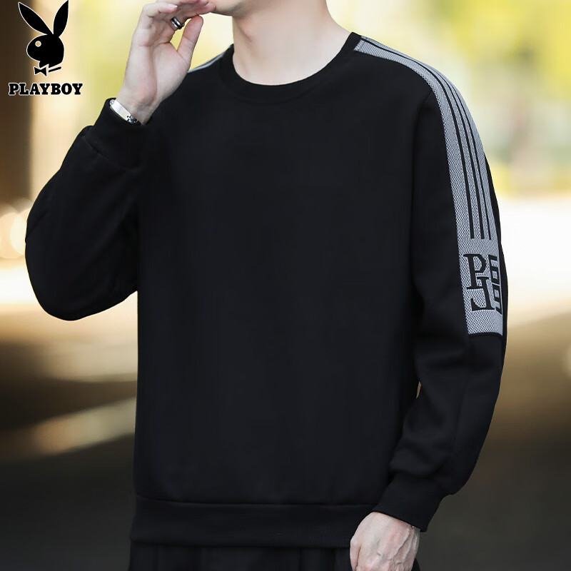 花花公子（PLAYBOY）卫衣男圆领春秋季款潮流纯色韩版时尚休闲LOGO长袖t恤打底衫男 黑色 XL