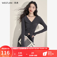 西遇韩式V领设计感薄款针织纯色长袖抽褶T恤女 深灰色（XL9月15日） M