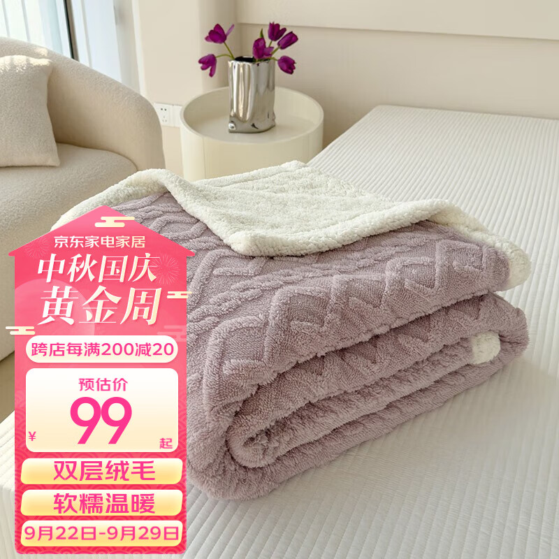 多喜爱（Dohia）毯子 双层羊羔绒塔芙绒加厚绒毯办公室午休盖毯多用毯 双层软糯塔芙绒毯(丁香紫) 100*120cm
