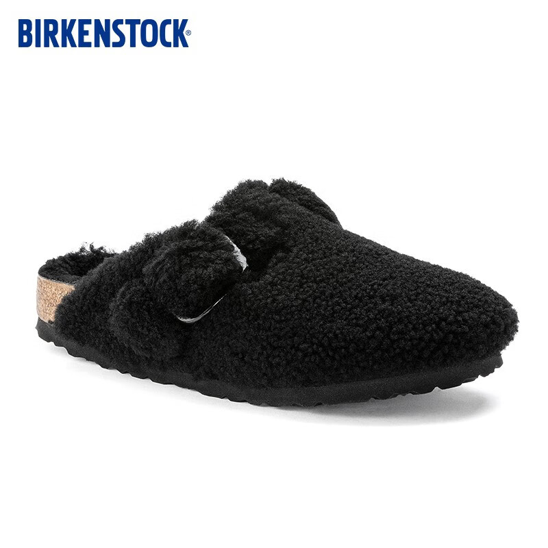 BIRKENSTOCK软木拖鞋女款秋冬时尚大巴扣毛毛鞋Boston Teddy系列 黑色窄版1025700 36