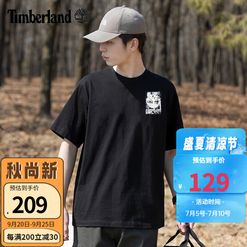 Timberland添柏岚T恤男士夏季户外运动半袖宽松棉质透气黑色休闲短袖 A62HD001/印花字母 L/180