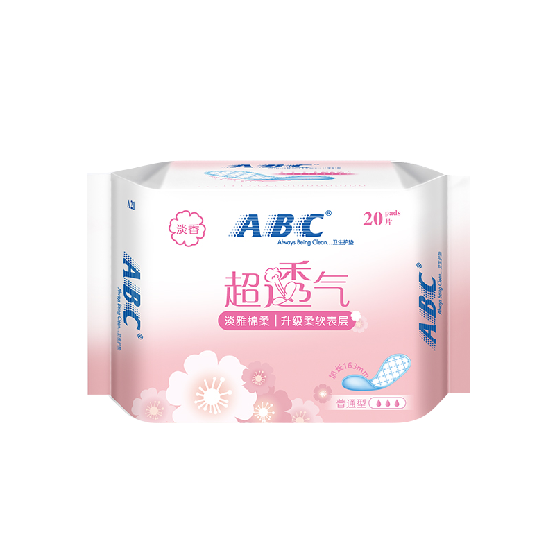 ABC 卫生巾护垫女超透气163mm淡雅棉柔9包共180片淡香普通型清香