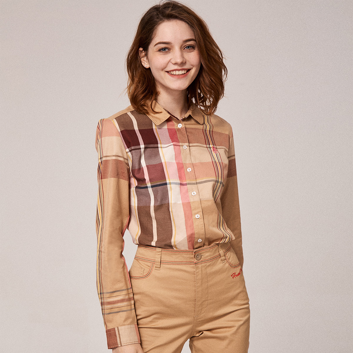 暇步士 休闲长袖格子女式衬衫