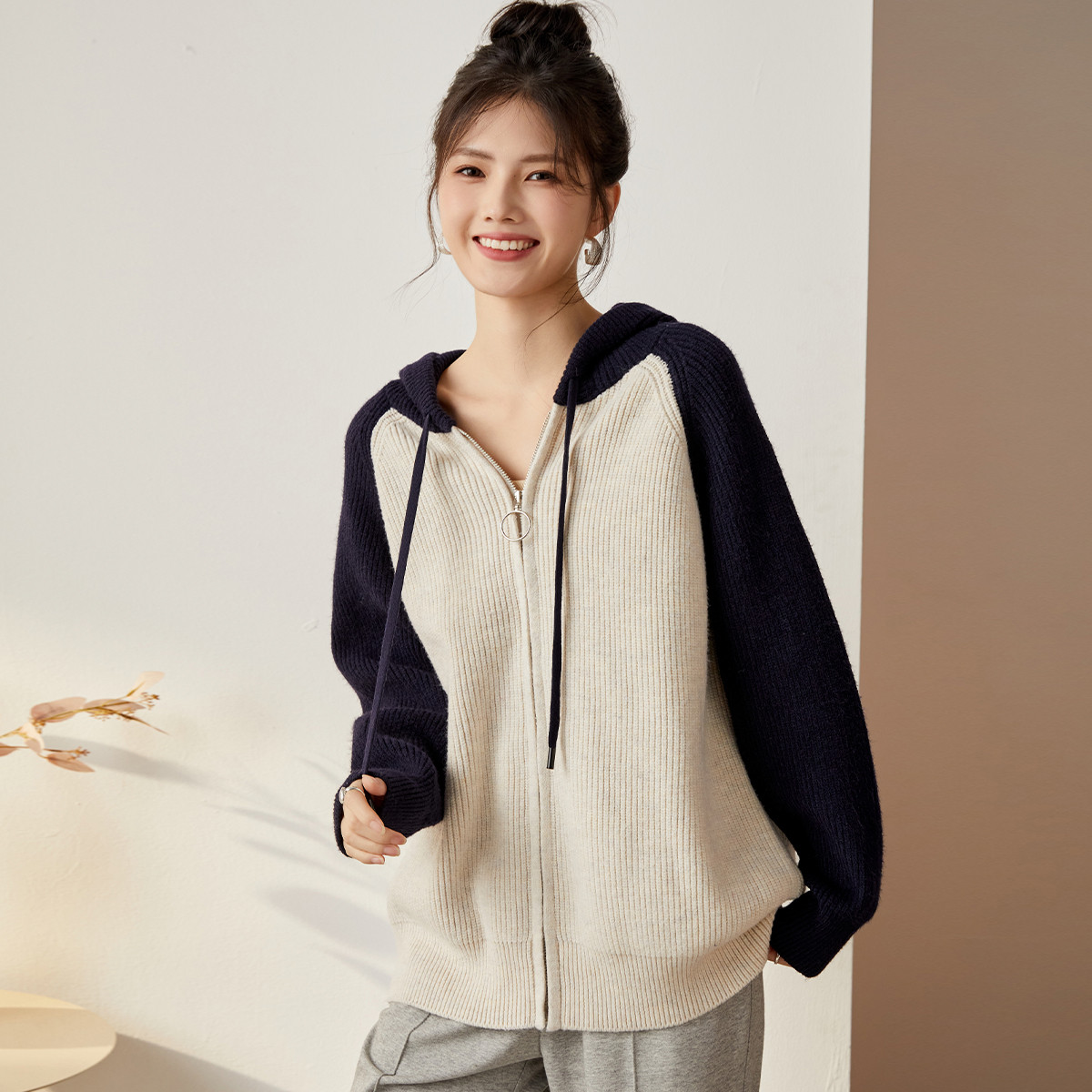 Mind Bridge MB 连帽针织开衫毛衣外套女秋季2023拼色宽松显瘦上衣