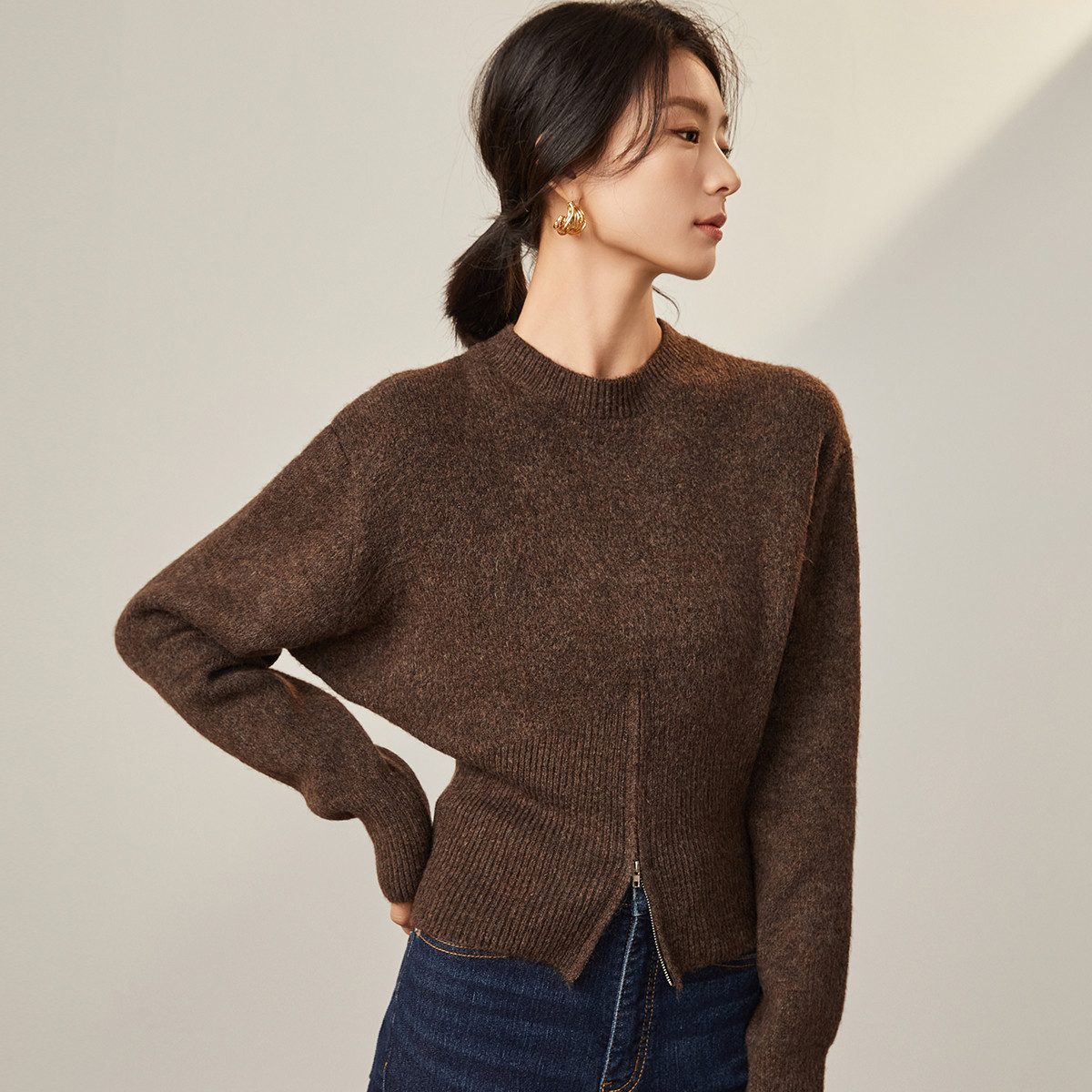 Mind Bridge MB 高级感圆领拉链毛衣女秋冬收腰显瘦打底针织衫上衣