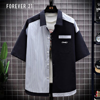 PLUS会员：FOREVER 21 短袖衬衫男夏季时尚潮流拼色上衣休闲简约衬衣 深蓝 3XL码