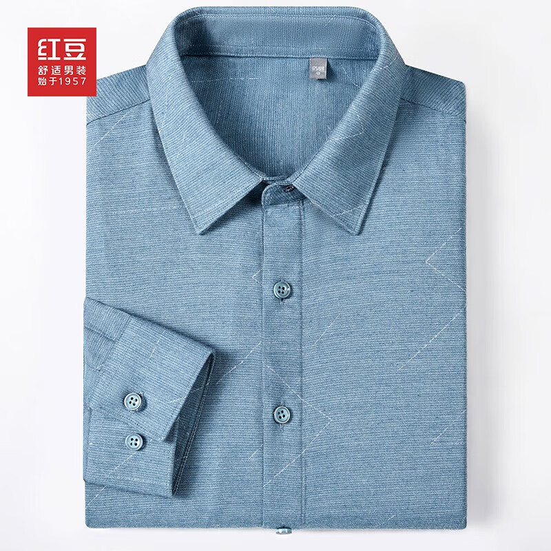 红豆男装 衬衫男长袖提花微磨毛休闲舒适方领衬衣秋季