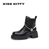 Kiss Kitty KISSKITTY2023冬马丁靴黑色厚底增高机车靴真皮短靴