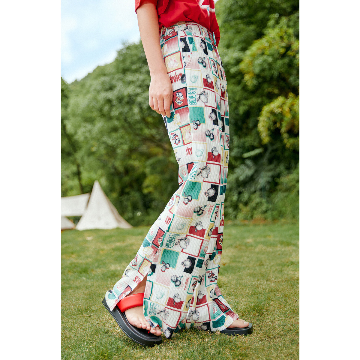 高腰阔腿裤女夏季个性满印压褶宽松显瘦休闲裤女