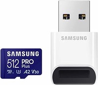 SAMSUNG 三星 PRO Plus microSD 存儲卡 + 讀卡器，512GB MicroSDXC，高達 180 MB/s