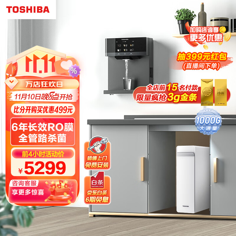 东芝（TOSHIBA）家用1000G直饮机净水器 白色双管杀菌 6年RO反渗透 大白梨TSC1000+TG-12净水器管线机组套