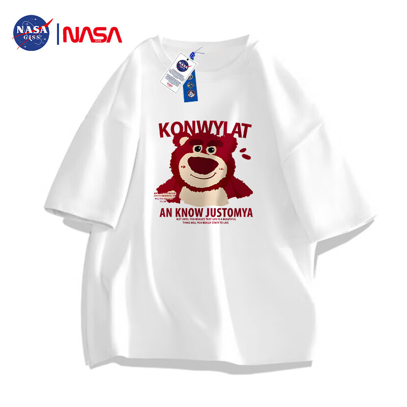 NASA GISS潮牌联名短袖t恤男纯棉宽松半袖小熊印花体恤 白色 XL 