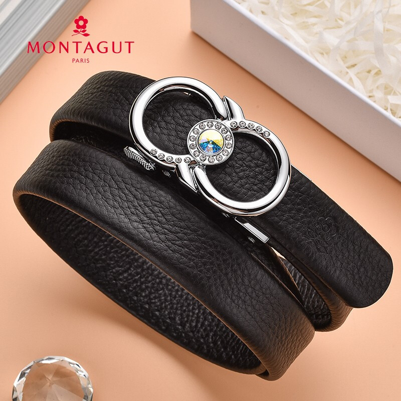 梦特娇女士皮带自动扣头层牛皮时尚女装腰带休闲百搭礼盒装裤带R273216033A黑色送爱人