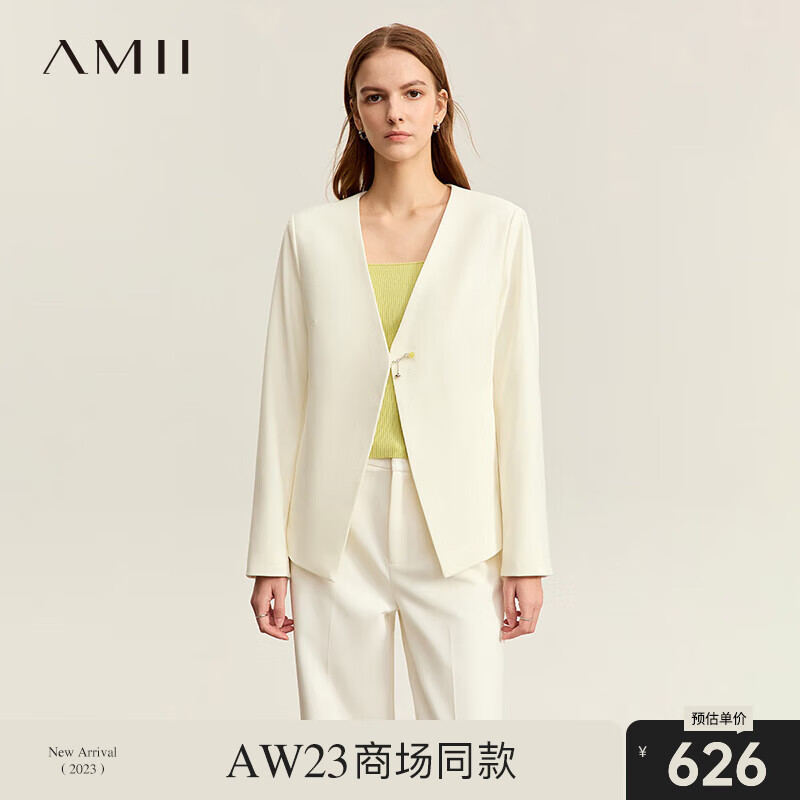 AMII 通勤简洁干练气质V领金属链扣饰外套女显瘦上衣 米白 155/80A/S