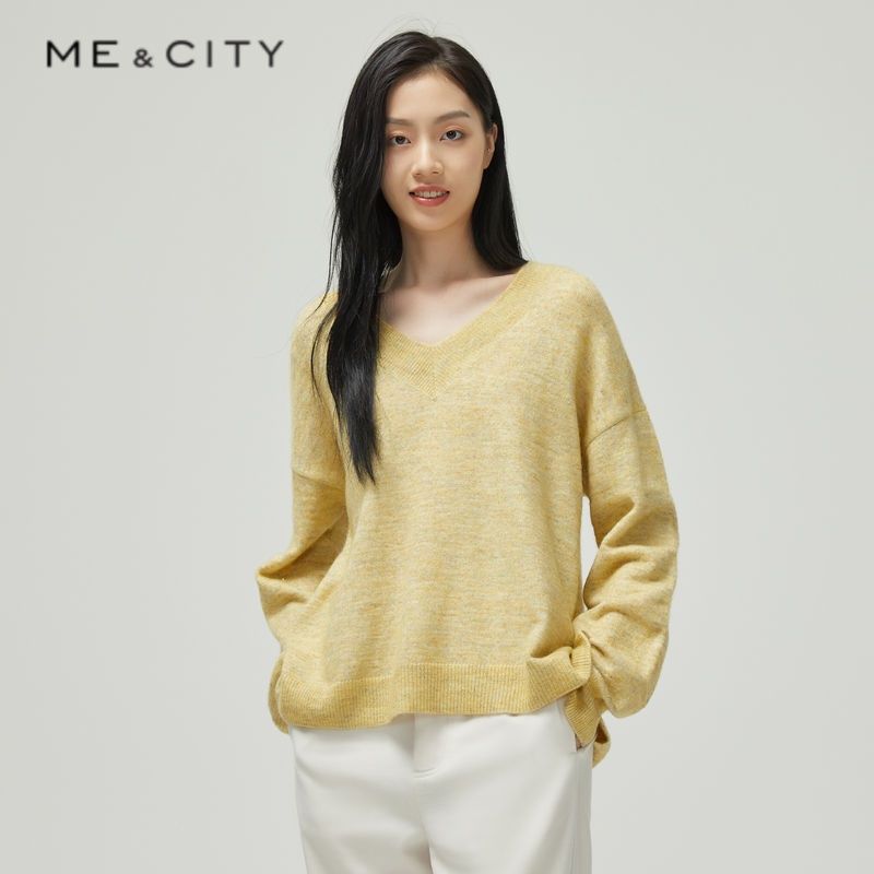 MECITY女装绵羊毛宽松时尚休闲花织V领套头毛衣女