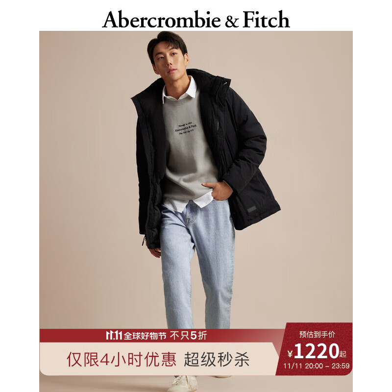 ABERCROMBIE & FITCH男装 美式复古外套防风抗水保暖连帽羽绒服派克大衣 331807-1 黑色  XL (180/116A)