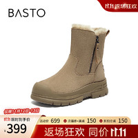 BASTO 百思图 商场同款简约休闲雪地靴厚底女中靴LD201DZ3 黑灰色 34