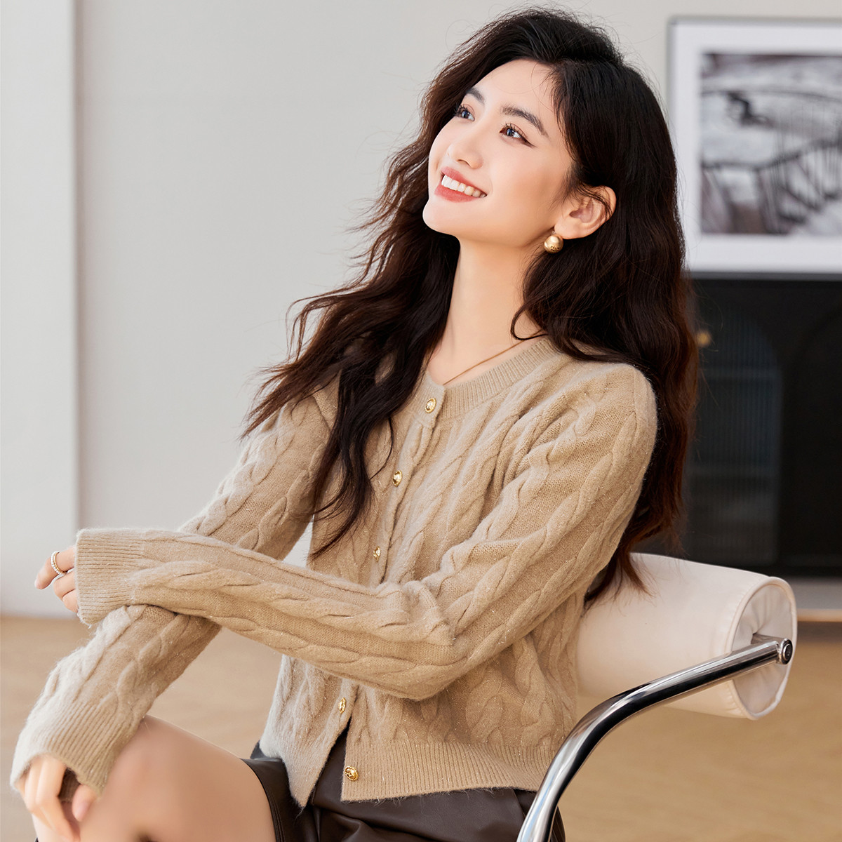 美式复古慵懒风针织衫女秋设计感单排扣短款开衫毛衣外套