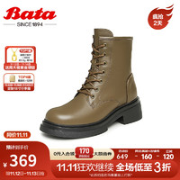 Bata 拔佳 马丁靴女牛皮英伦风粗跟增高百搭短筒靴1253ADD3 卡其绿 35