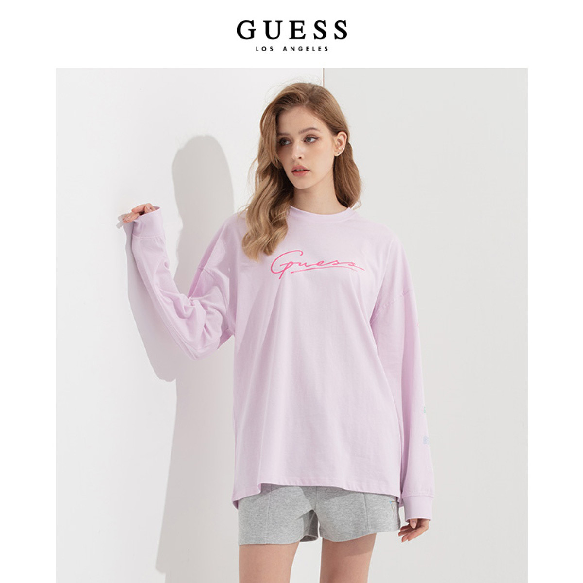 GUESS 盖尔斯 女士复古圆领字母长袖T恤-V2RI05I3Z11