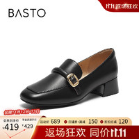 BASTO 百思图 2024春季商场同款时尚通勤乐福鞋粗跟女单鞋KA313AA4 黑色 35