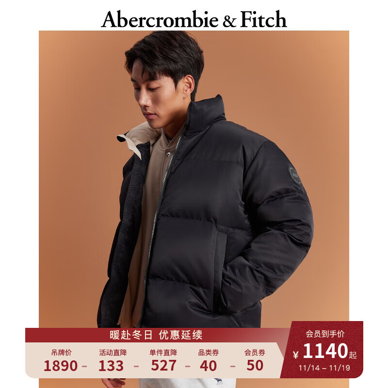 ABERCROMBIE & FITCH男装 美式复古防风抗水外套保暖半高立领面包羽绒服 331475-1 黑色 L (180/108A)