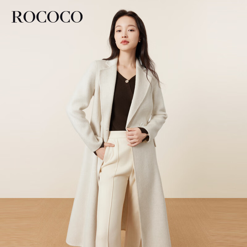 洛可可（ROCOCO）长款时尚双面呢外套女2023法式羊毛大衣冬呢子上衣 米色 S
