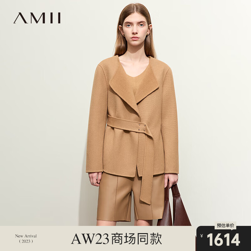 AMII 2023冬翻领全羊毛斜纹双面呢外套女腰带装饰不对称上衣 驼色 155/80A/S