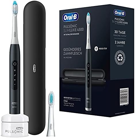 Oral-B 欧乐B Pulsonic Slim Luxe 4500 电动声波牙刷，可在4周内使牙龈更，3个清洁程序，包括敏感、定时器、2 个替换刷、旅行箱、黑色