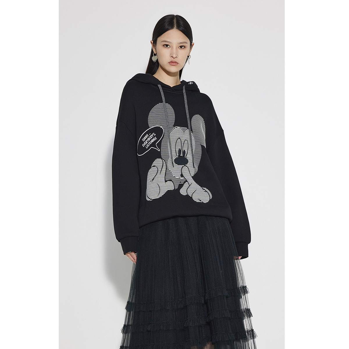 迪士尼米奇系列 冬装印花绣花中长纯棉卫衣女