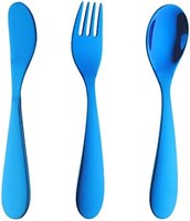 Blue 兒童餐具金屬,3 件套不銹鋼兒童餐具套裝,帶刀/叉子/勺子,幼兒銀器*鏡面拋光,可用洗碗機清洗