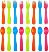 Jawbush 16 件兒童叉子和勺子套裝,塑料幼兒餐具兒童銀器套裝,顏色鮮艷,適用于午餐盒,不含雙酚 A